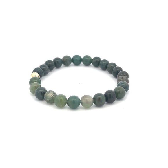 Natural Moss Agate 6mm Stretchable Bracelet 18k Gold Bead Charm - Picture 5 of 5